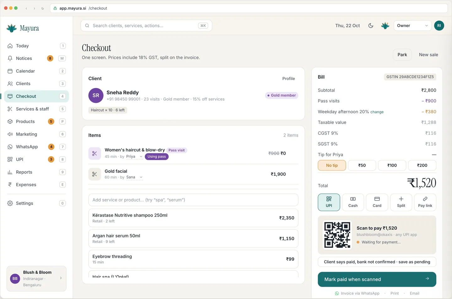 Checkout & UPI in the Mayura demo
